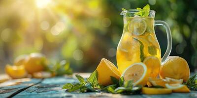 A refreshing pitcher of lemonade garnished with mint leaves and fresh lemon slices, basking in warm sunlight. photo