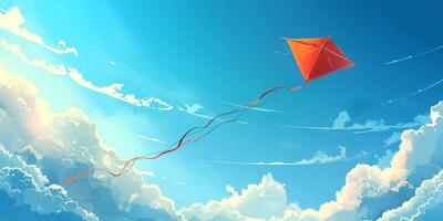 A vibrant red kite soaring high in a clear blue sky filled with fluffy clouds. photo