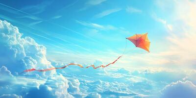 A vibrant orange kite soaring high against a backdrop of fluffy clouds and a bright blue sky. photo