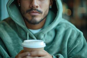 A young Hispanic man wearing a green hoodie, holding a coffee cup, focused on his thoughts. photo