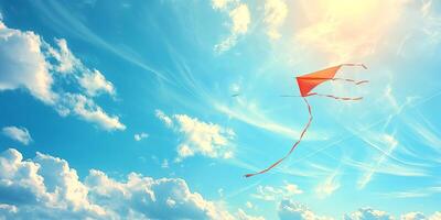 A vibrant orange kite soaring against a bright blue sky adorned with fluffy white clouds. photo