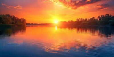 A stunning sunset over a serene lake, reflecting vibrant orange and purple hues on the water surface. photo