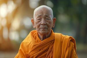 An elderly Asian male monk in a bright orange robe gazes serenely at the camera, embodying peace and wisdom amidst a lush background. photo