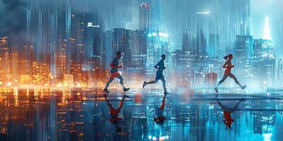 Three runners, two men and one woman, sprinting through a vibrant, futuristic cityscape illuminated by neon lights. photo