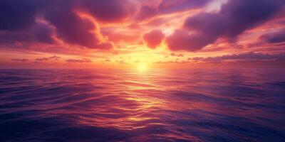 Serene sunset over the calm ocean, with vibrant colors reflecting on the water's surface. photo