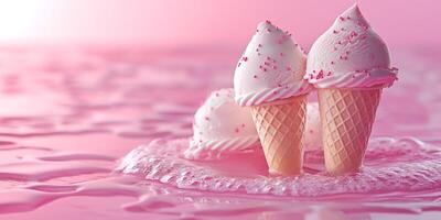 Delicious ice cream cones topped with pink sprinkles, resting in a pool of creamy pink goodness. photo