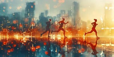 Three runners, capturing the essence of determination amidst a vibrant, abstract city nightscape. photo