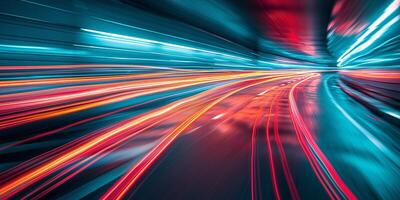 A mesmerizing abstract image showcasing vibrant light trails in a tunnel, evoking speed and dynamism. photo