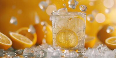 Refreshing glass of sparkling lemonade with ice and lemon slices, against a bright, vibrant yellow background. photo