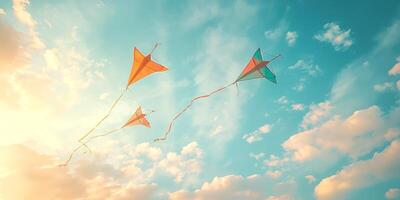 Three vibrant kites soaring high in a bright blue sky, creating a cheerful and playful mood with fluffy clouds. photo