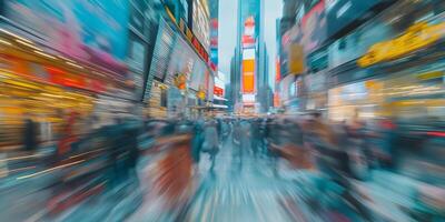 A vibrant, bustling scene in Times Square, capturing the energy and motion of the crowd with neon lights illuminating the atmosphere. photo