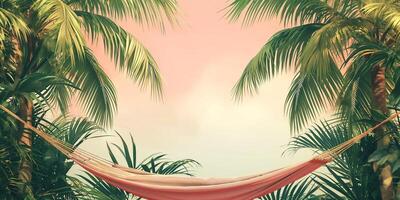 A serene hammock nestled between lush palm trees, inviting relaxation under a pastel sunset sky. photo