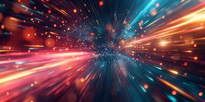A vibrant abstract image showcasing a burst of colorful lights in motion, evoking a sense of speed and dynamism. photo