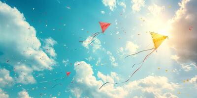 Colorful kites soar in a bright blue sky, a joyful scene of freedom and playfulness amid fluffy white clouds. photo