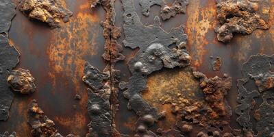 Close-up of a rusted metal surface, showcasing a rich texture and varied colors of orange, brown, and black. photo