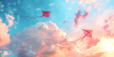 Two vibrant red kites flying high in a clear blue sky, with soft clouds and warm sunset colors creating a serene atmosphere. photo