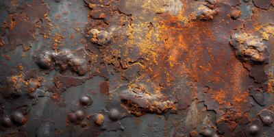 A close-up of weathered metal surface showcasing dramatic rust patterns and textures. photo
