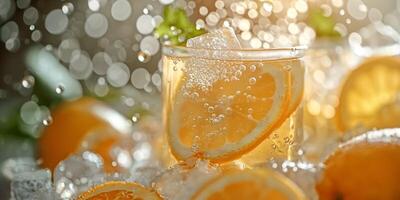 Refreshing orange drink with ice and citrus slices, surrounded by sparkling water droplets, evoking a vibrant summer vibe. photo