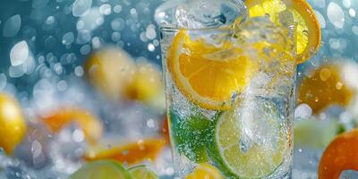 Refreshing glass of sparkling water with citrus slices, creating a vibrant and energizing atmosphere. photo