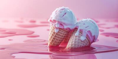 Delicious pink ice cream cones melting in a vibrant pink pool. photo