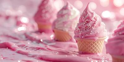 Colorful pink ice cream cones with sprinkles, set against a dreamy pink backdrop, creating a whimsical and cheerful mood. photo