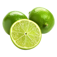 Three green limes with one of them sliced open for display png