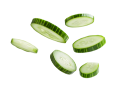 Several fresh green cucumber slices are displayed against a dark backdrop png