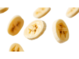 Sliced bananas floating against a colorful abstract and textured background png