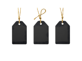 Three blank black price tags hanging with twine strings on display png