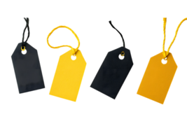 Several colorful price tags hanging with matching strings on display png