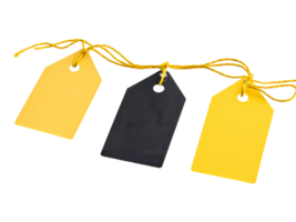 Several rectangular price tags are strung on a yellow cord png