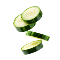 Four freshly sliced cucumbers appear to be floating against a dark background png