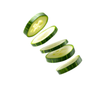 Several freshly cut cucumber slices are floating with a dark background png