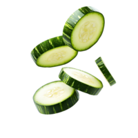 Several freshly sliced cucumbers are floating in a dark space png