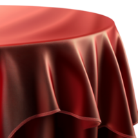 Rich Red Silk Tablecloth Draping Gracefully Over a Polished Wooden Table png