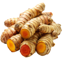A CloseUp View of Fresh Turmeric Roots, Showing Their Vibrant Orange and Yellow Interiors png