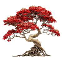 A Stunning Red Bonsai Tree with a Twisted Trunk and Intricate Root System Against a Soft Striped Background png
