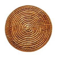 A Detailed CloseUp View of a Circular Wicker Basket with Intricate Spiral Weaving Pattern png