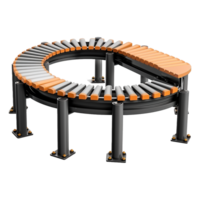 3D Render of a Curved Roller Conveyor System with Orange and Gray Rollers png