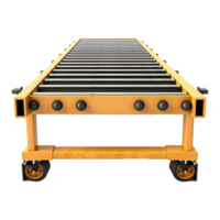 Highangle view of a portable roller conveyor system with wooden frame and black rollers png