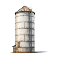 Rustic White Metal Silo with Rusty Roof and Ladder in Farm Setting png