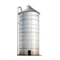 Tall Metal Grain Silo Storage Structure with Conical Roof and Attached Pipeline png