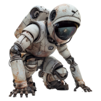 A weathered robotic astronaut in a crouching position, ready to spring into action png