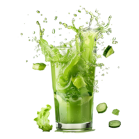 Refreshing Green Cucumber Juice Splashing in a Glass with Ice and Lettuce png