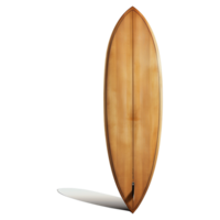 Wooden surfboard on display against a blurred background png