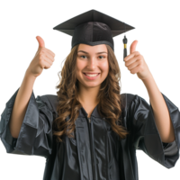 A Happy Graduate Woman Showing Thumbs Up in Cap and Gown png