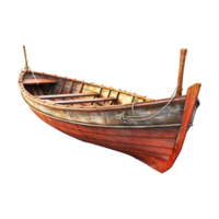 A weathered wooden rowboat with reddishbrown paint and visible wood grain, showing signs of age and use png