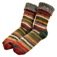 Pair of Colorful Striped Wool Socks with Grey Cuffs Cozy Winter Warmth Handmade Knitted png
