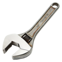 Closeup view of a wellused adjustable wrench with visible wear and markings png