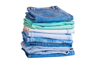 Neat Stack of Blue Jeans and Pants Folded in Various Shades of Blue and Teal png